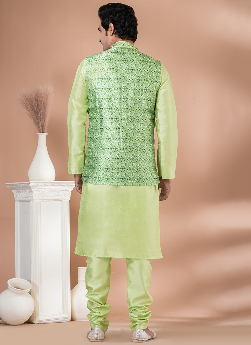 Buy Silk Lime Green Wedding Wear Embroidery Work Readymade Modi Jacket Kurta Pajama Online From Wholesale Salwar